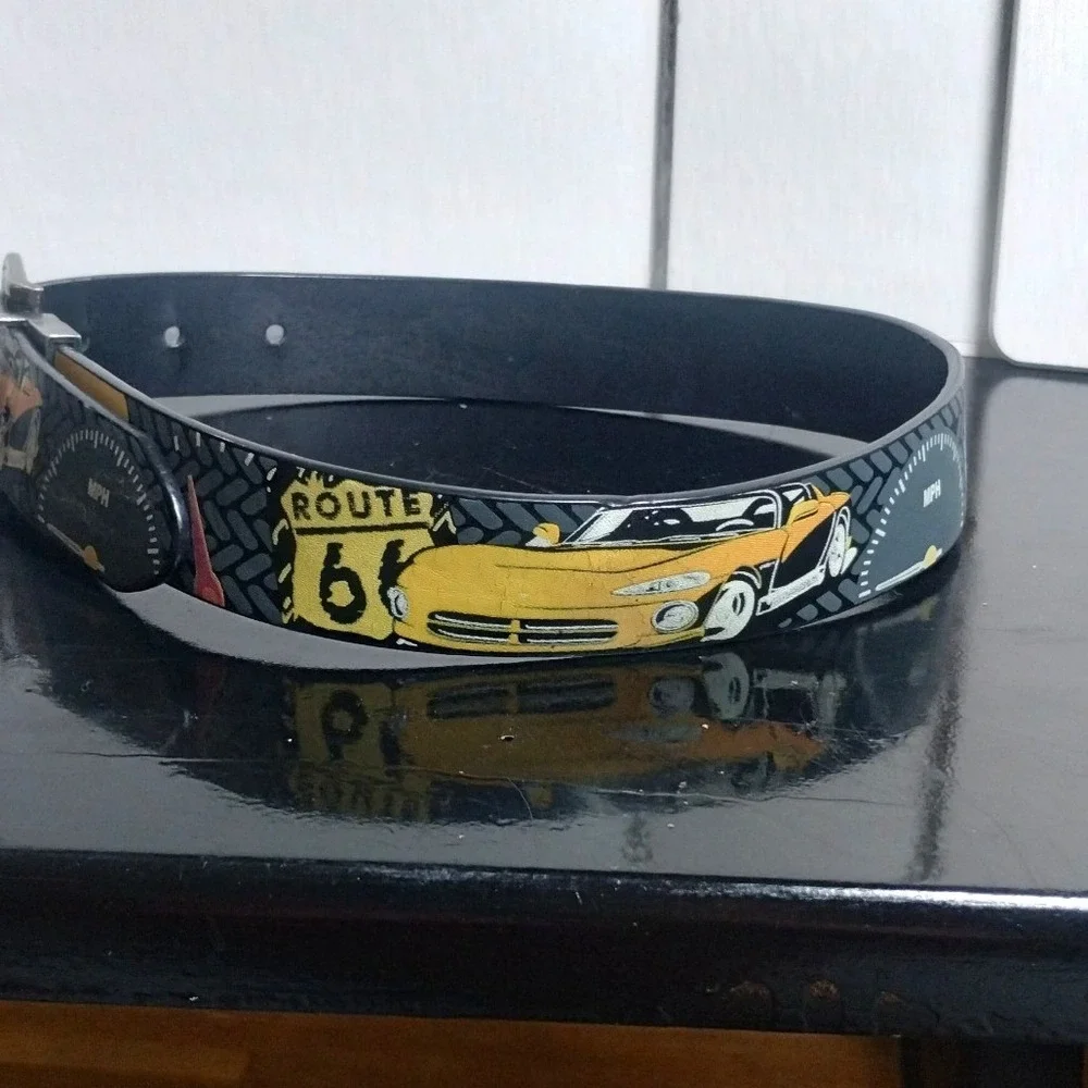 Mens Medium Racing Graphic Belt Route 66 Interstate 95 Sports Car Black Yellow